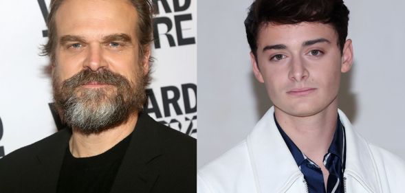 Side by side photographs of David Harbour and Noah Schnapp, who are both actors in the Netflix series Stranger Things