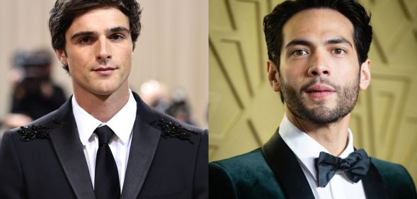 Side by side images of Jacob Elordi wearing a black suit and tie and Diego Calva wearing a black suit and bow tie