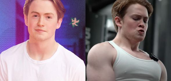 Kit Connor in a white t-shirt (right) and pictured working out at the gym in a YouTube video with Nathaniel Massiah