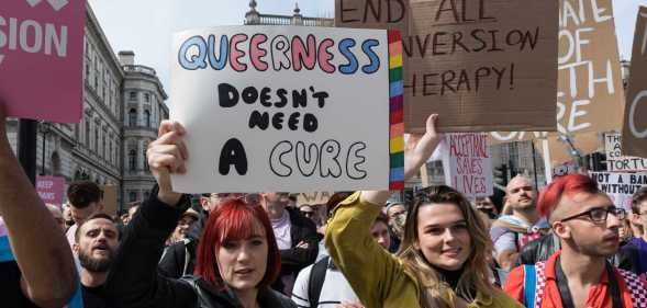 Potesters calling for a ban on conversion therapy, one sign reads 'queerness does not need a cure'