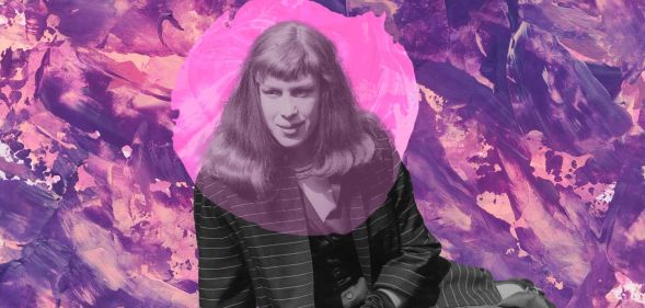 A photo illustration composed of British trans woman Roberta Cowell posed on her side with pink and purple graphics