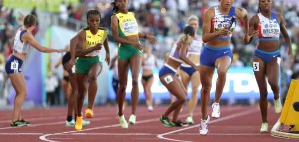 A group of women taking part in a World Athletics race.