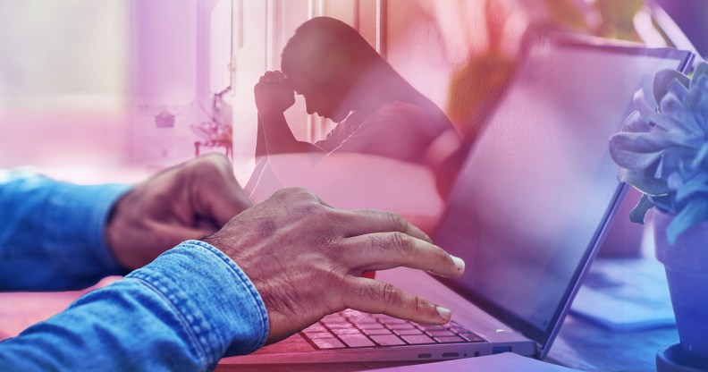 In the foreground, a pair of black hands are typing at a computer. In the background there is a silhouette of a distressed person..