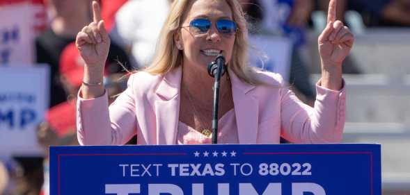 US Republican Representative Marjorie Taylor Greene, from Georgia, speaks at a 2024 campaign rally for former US President Donald Trump in Waco, Texas, March 25, 2023. - Trump held the rally at the site of the deadly 1993 standoff between an anti-government cult and federal agents.