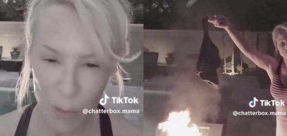 A split image of the TikTok user Chatterbox Mama burning her bras.