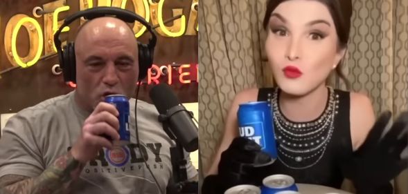 A side by side image of Joe Rogan drinking from a can of Bud Light next to an image of trans TikToker holding a can of Bud Light in her hand