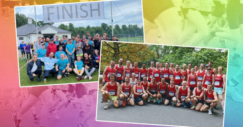 A graphic composed of pictures of members of LGBTQ+ running club the London Frontrunners with a rainbow wash in the background