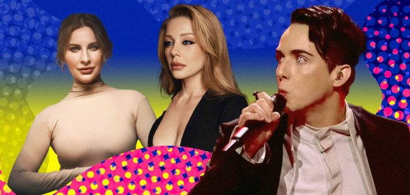 Ukranian singers Natisa Gogol, Tina Karol, and Mélovin against a blue and yellow background.