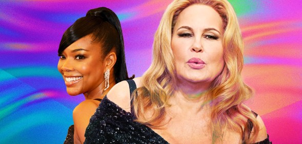 Gabrielle Union and Jennifer Coolidge on a colourful rainbow backdrop.