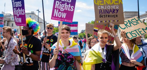 Activists signal their support of transgender rights during London Pride by waving signs reading "trans rights now."