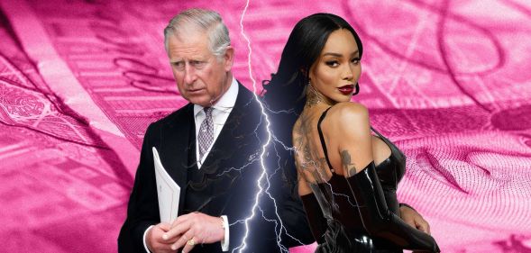 Composite image of model Munroe Bergdorf with King Charles III on a pink background