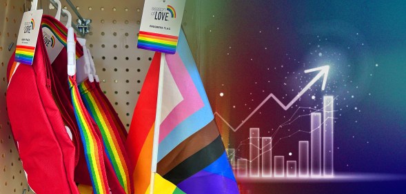 This is an image of Pride merchandise consisting of the inclusivity flag next to a graphical image of business statistics.