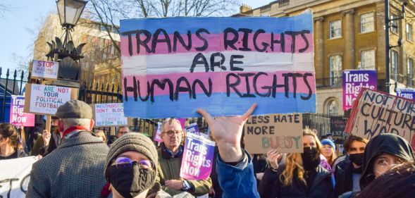 A trans activist holds up a sign reading "trans rights are human rights."