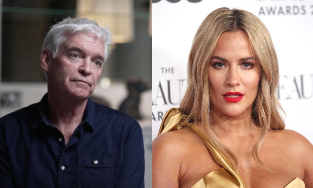 Side by side images of Phillip Schofield wearing a dark shirt and late Love Island star Caroline Flack wearing a gold top