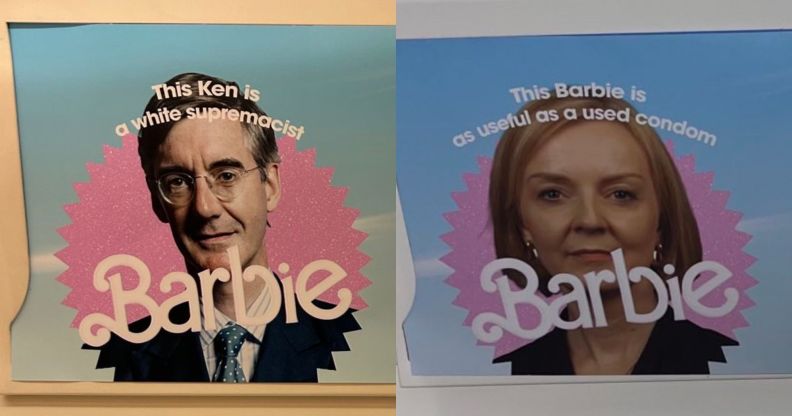 A split image of posters spotted on the London Underground with a picture of Jacob Rees-Mogg and a picture of Liz Truss, both reading "This Ken is a white supremacist" and "This Barbie is as useful as a used condom."