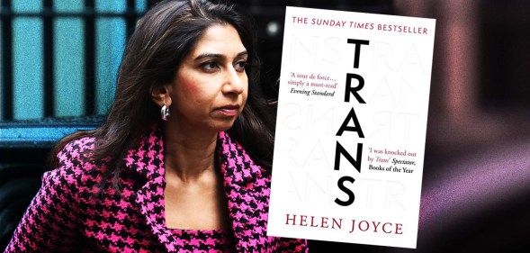 Suella Braverman pictured in an edited image which shows a copy of Helen Joyce's book over the top.