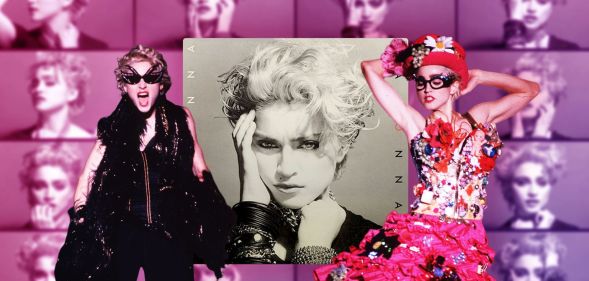 A composite featuring Madonna's debut album cover, and two images of Madonna performing.