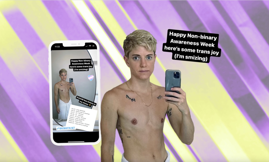 An image showing Mae Martin's recently shared topless selfie in celebration of non-binary awareness week.