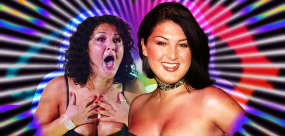 A graphic comprised of two pictures of Big Brother UK's first and only trans winner Nadia Almada with a neon rainbow background