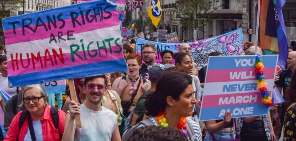 A crowd of trans rights protestors hold signs of pro-LGBTQ+ messages, including "trans rights are human rights."