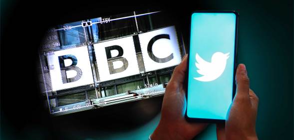 The BBC logo and a phone with a TWitter logo