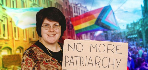 A graphic composed of an image of Stephanie Suesan Smith, a lesbian who is also part of the disabled community, LGBTQ+ flags and a sign that reads 'no more patriarchy'