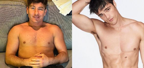 On the left, Barry Keoghan poses shirtless while lying down with his hands clasped in his lap. On the right, Jacob Elordi poses topless for his Calvin Klein campaign.