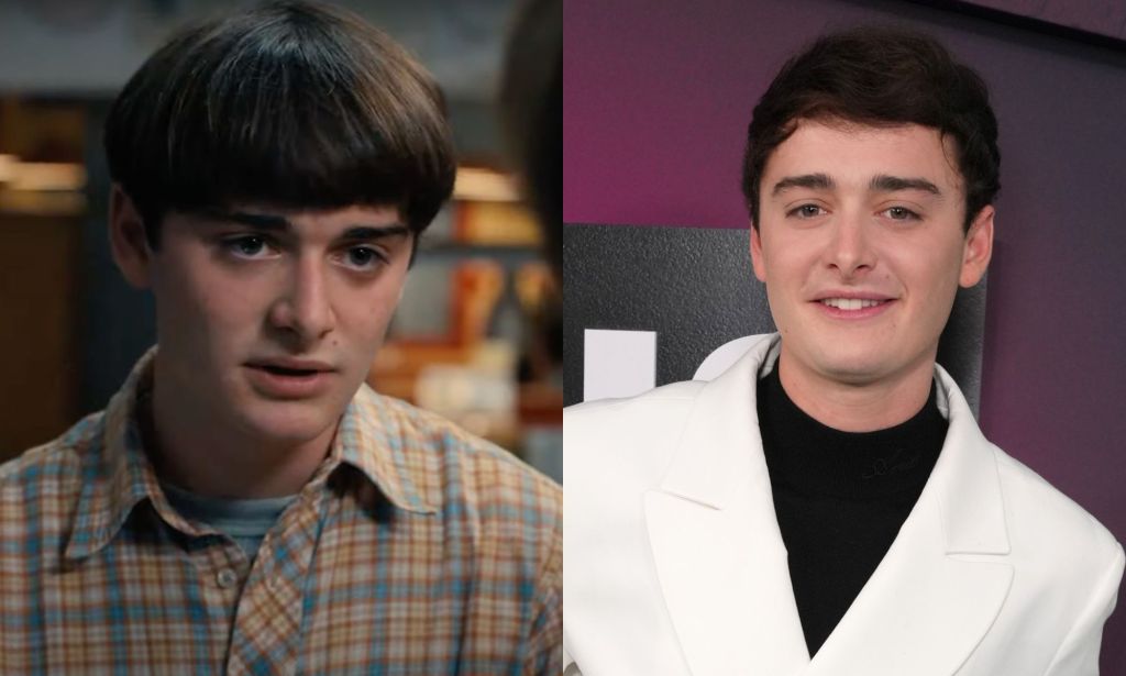 On the left, a still of Will Byers in season four of Stranger Things. on the right, Noah Schnapp wearing a black shirt and a white blazer.