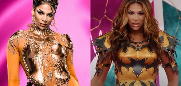 On the left, Cara Melle's promo photo for Drag Race UK season 5. On the right, Cara Melle entering the Drag Race UK werkroom.