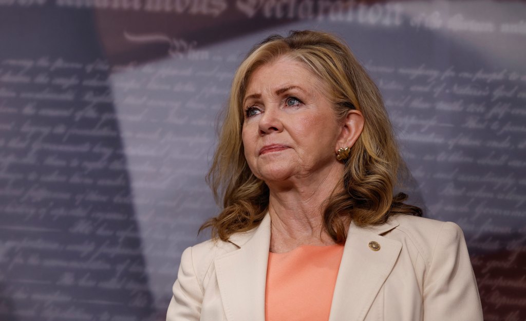 Tennessee senator Marsha Blackburn wears a beige blazer and pink top