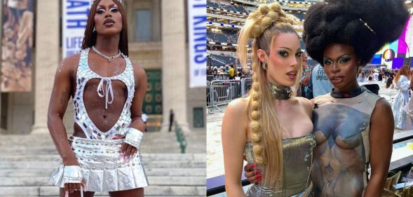 On the left, Shea Coulee in a silver outfit. On the right, Gigi Goode and Symone in silver outfits for Beyonce's Renaissance Tour.