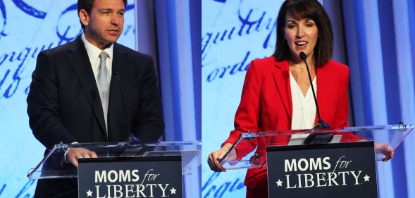 Side by side images of Florida governor Ron DeSantis and Tina Descovich, a co-founder of anti-LGBTQ+ group Moms for Liberty, standing at podiums