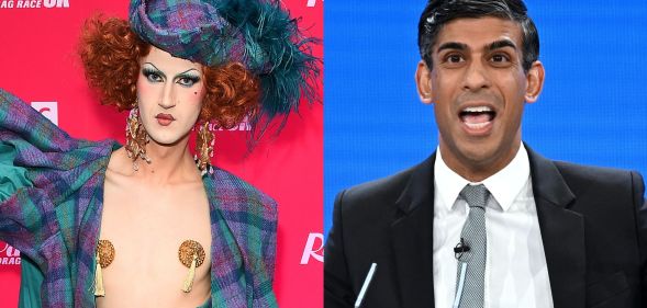 On the left, Drag Race UK S5 star Banksie. On the right, Rishi Sunak.