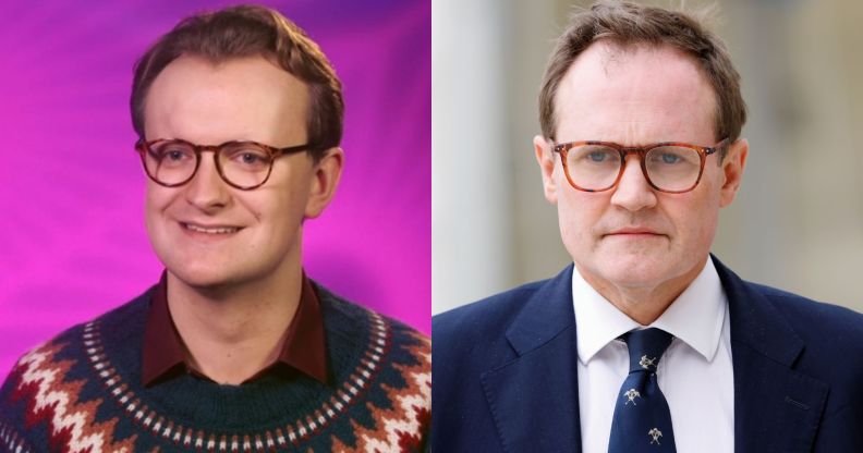 A split image of drag queen Kate Butch and Tom Tugendhat.