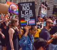 A protestor holds a sign reading "There's no LGB without the T."