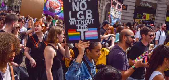 A protestor holds a sign reading "There's no LGB without the T."