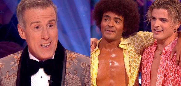 Strictly Come Dancing judge Anton Du Beke (left) talks to contestant Layton Williams (middle) and dance partner Nikita Kuzmin (right)