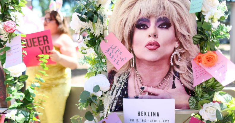 A memorial filled with loving notes and images of Heklina, a LGBTQ+ celeb and beloved San Francisco drag performer who died in 2023