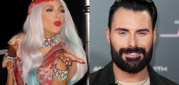 Lady Gaga blows a kiss while wearing her 2010 meat dress (left). On the right, Rylan.