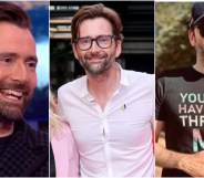 Three pictures of David Tennant smiling, in one he's wearing a non-binary pin, in another, a trans-rights t-shirt