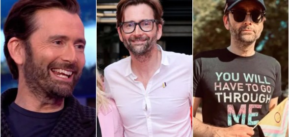 Three pictures of David Tennant smiling, in one he's wearing a non-binary pin, in another, a trans-rights t-shirt