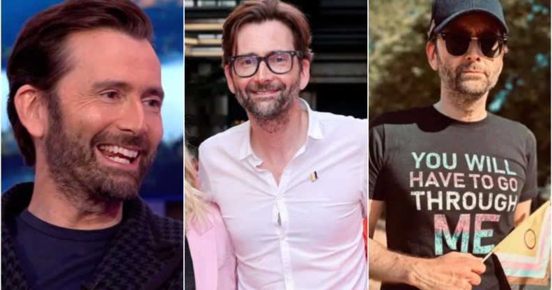 Three pictures of David Tennant smiling, in one he's wearing a non-binary pin, in another, a trans-rights t-shirt