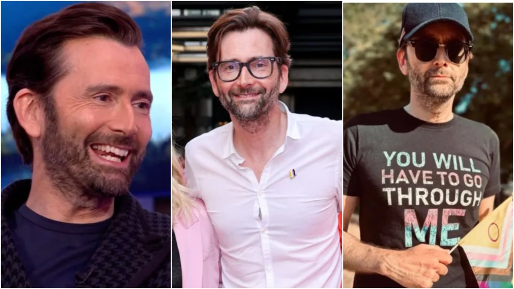 Three pictures of David Tennant smiling, in one he's wearing a non-binary pin, in another, a trans-rights t-shirt