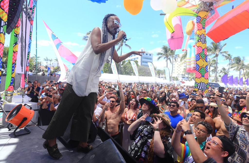 Actor and recording arist Billy Porter greets festival attendees in his role as a Parade Grand Marshal at the annual Miami Beach Pride Festival on April 14, 2024 in Miami Beach, Florida