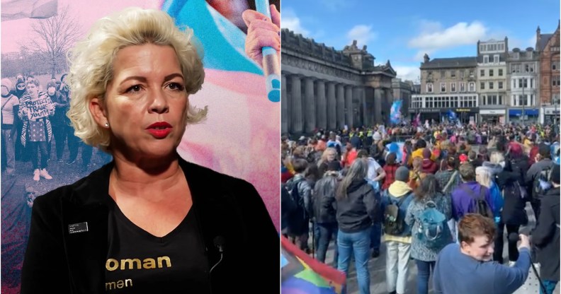 Composite image- on the left is Posie Parker, also known as Kellie-Jay Keen-Minshull, on the right is a large counter protest that took place against her recent rally in Edinburgh