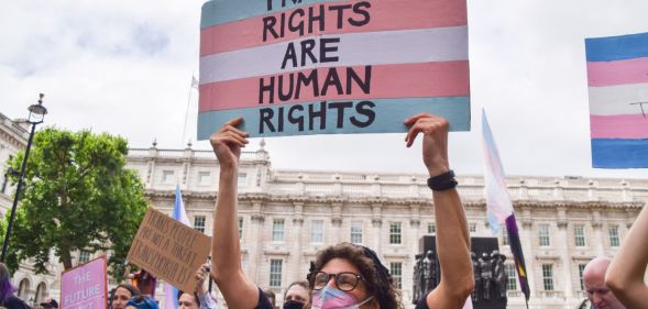 A protestor holds up a sign that reads "trans rights are human rights."