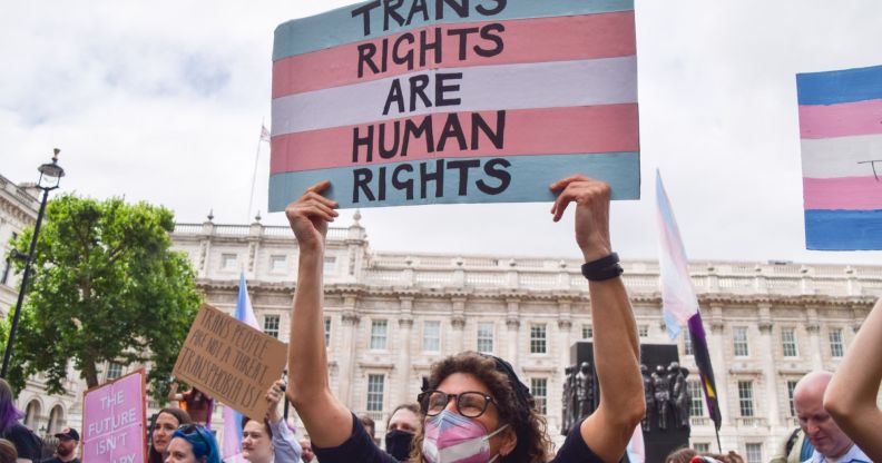 A protestor holds up a sign that reads "trans rights are human rights."