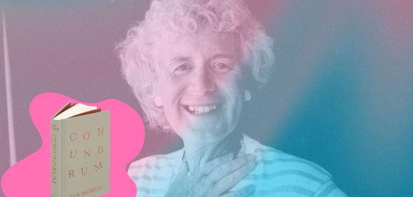 A graphic composed of an image of trans author Jan Morris with a blue and pink gradient on top alongside a picture of The Folio Society 50th anniversary edition of Conundrum
