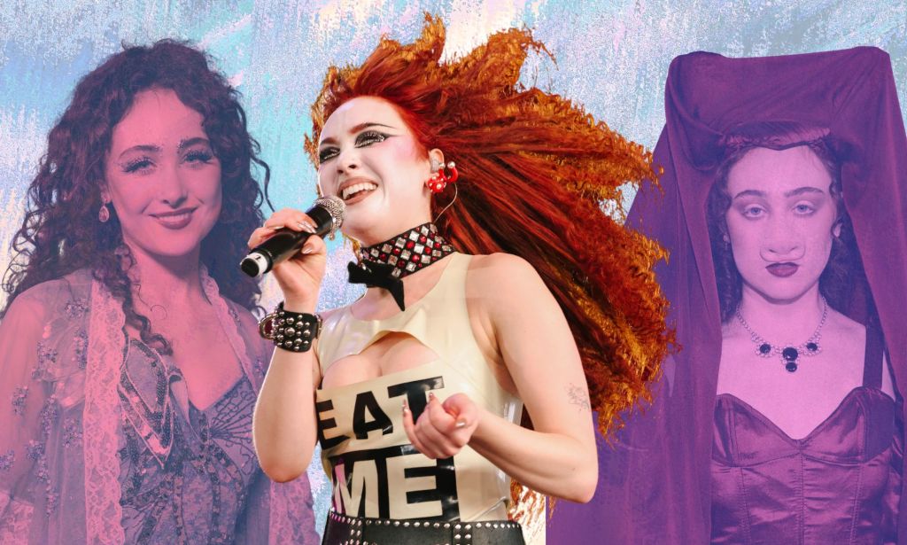 A graphic of Chappell Roan featuring two images of the singer on the red carpet and one of her performing at Coachella.