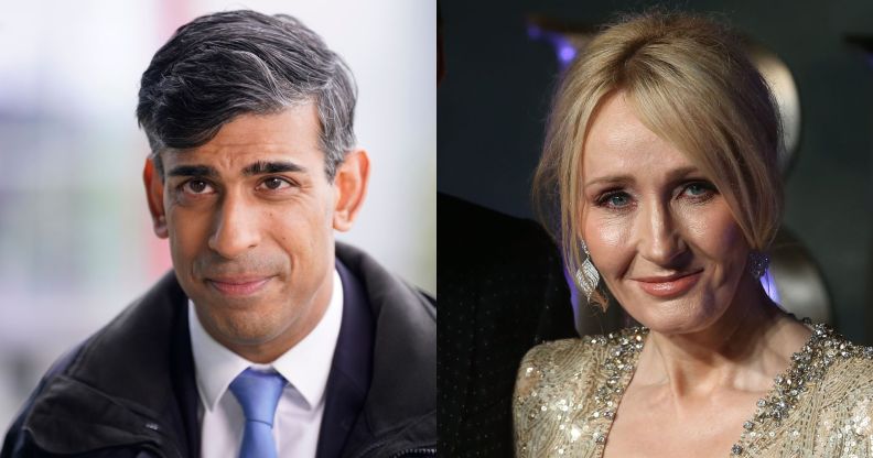 Side by side images of UK prime minister Rishi Sunak and Harry Potter author JK Rowling